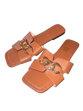 Women's Tan Slide Sandals with Gold Chain Detail